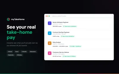 myTakeHome extension showing take-home pay badges on job listings