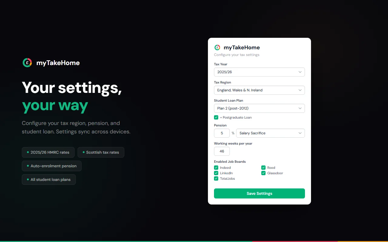 myTakeHome settings panel with tax region, student loan, pension, and working weeks configuration